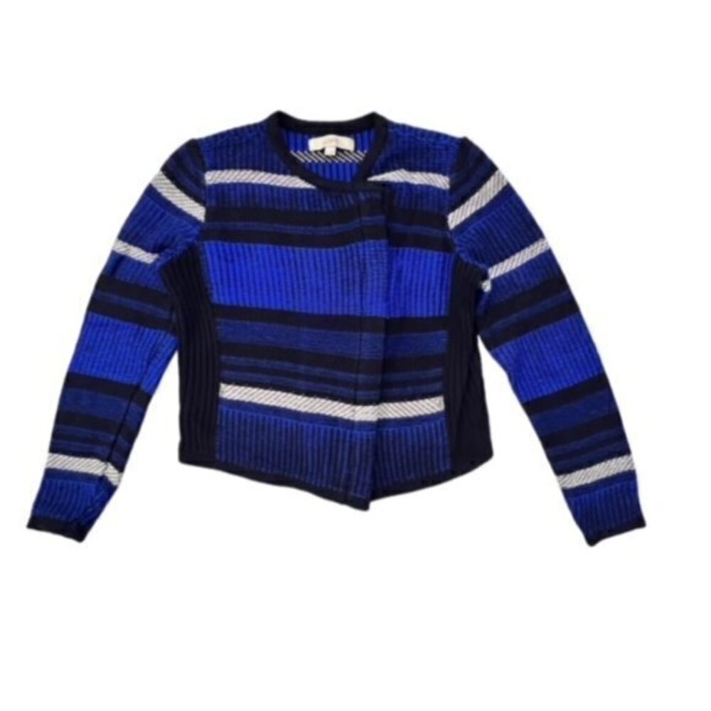 LOFT Womens Striped SOFT Knit MOTO Jacket Asymmetrical Zip Blue Black CITY‎ EUC